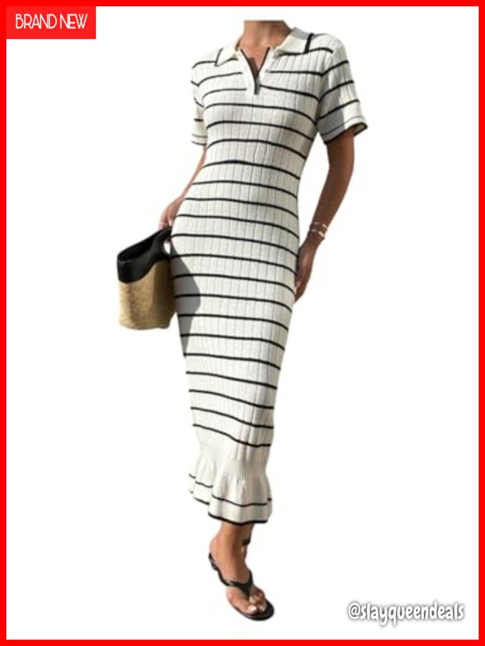 Striped Rib Knit Midi Sweater Dress Button Collar Short Sleeve Slim Fit